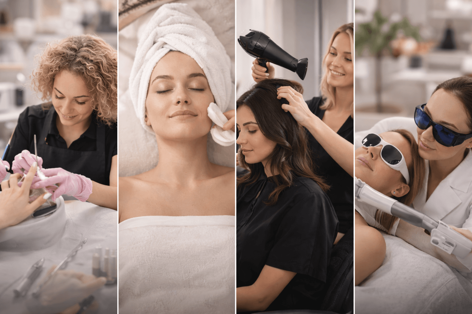 Beauty professionals: manicure, facial, hair styling, laser treatment